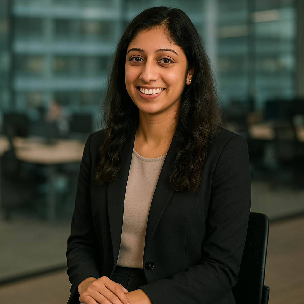 Leela Das, a QA Automation Engineer, smiling in a blazer within a corporate office setting.