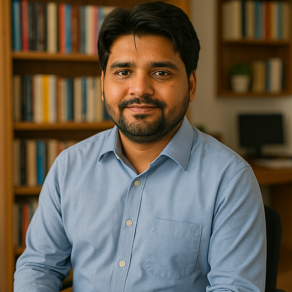 Jay Nair, Full-Stack Developer, smiles in a scholarly office with bookshelves, conveying professionalism and approachability.