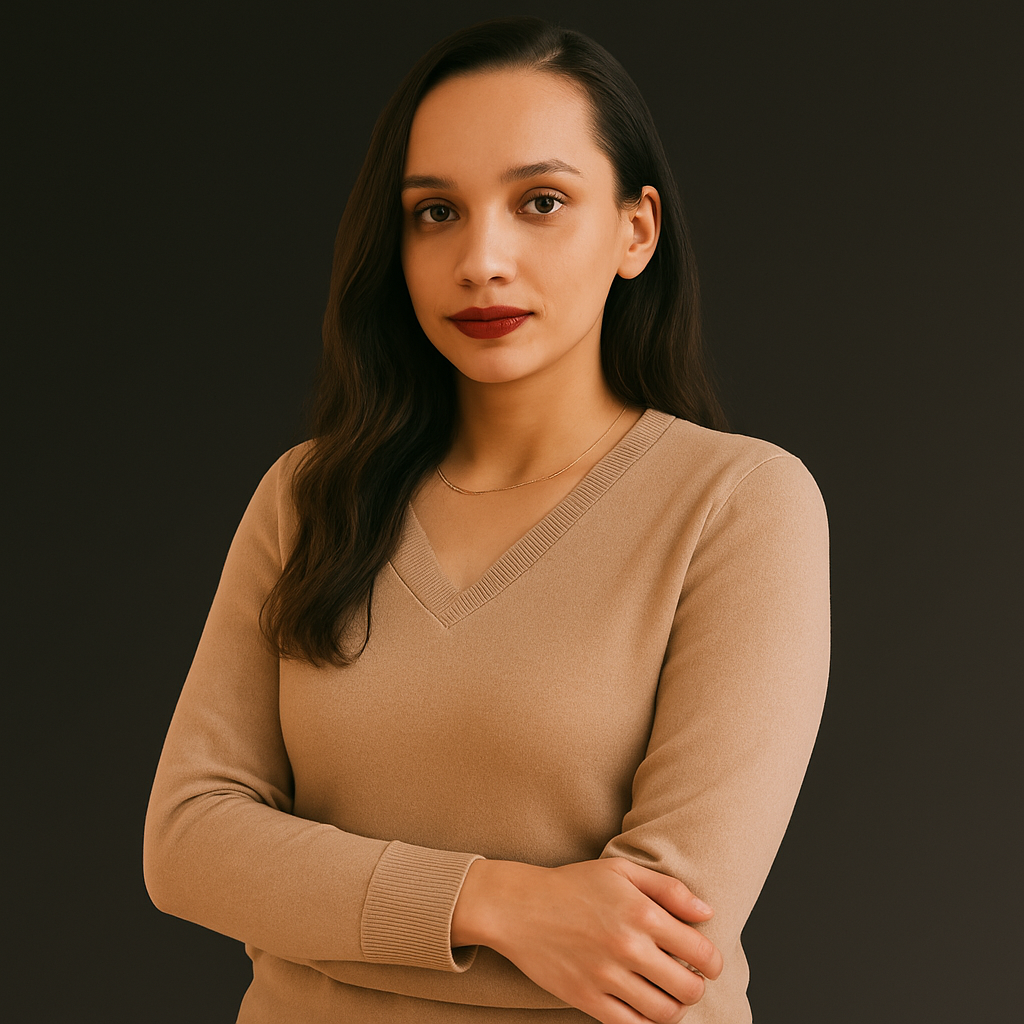 Confident woman with dark hair in v-neck sweater, representing Camile Sharma, Frontend Engineer at Enterprise.