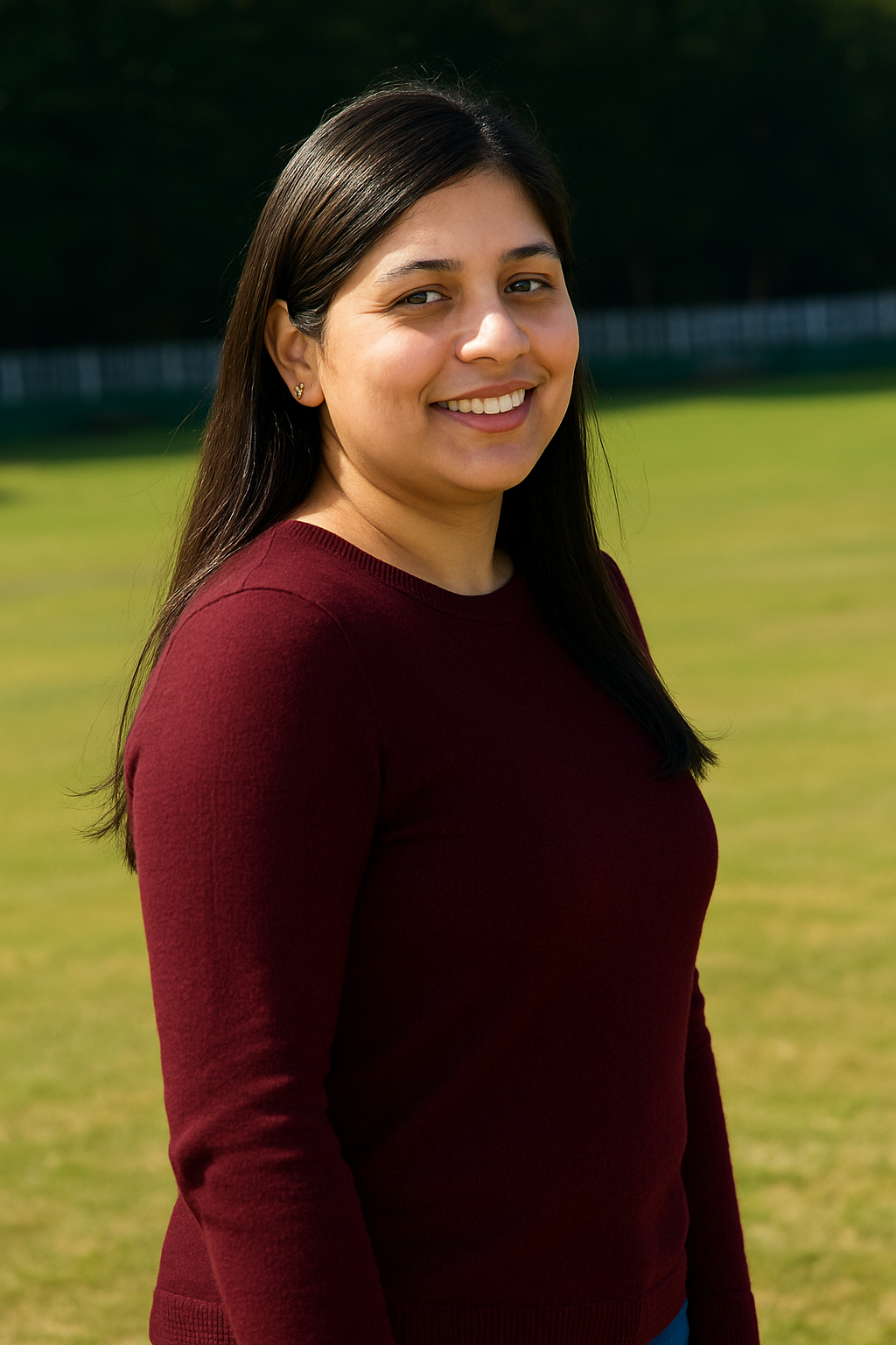 Cheerful woman in burgundy sweater outdoors, representing Enterprised technology staffing services.