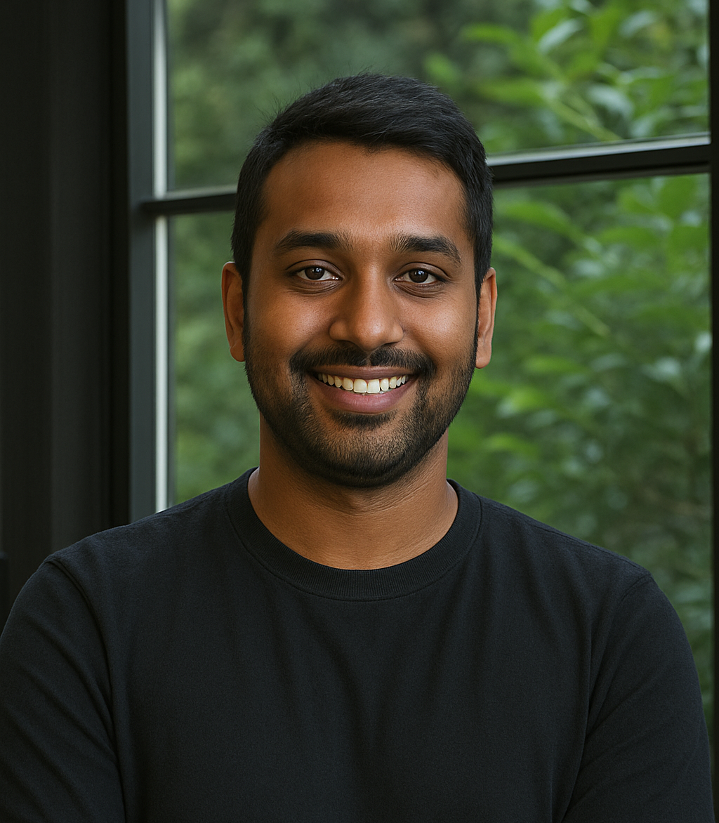 Smiling young man in a black t-shirt, representing Enterprised's tech staffing expertise in a bright indoor setting.