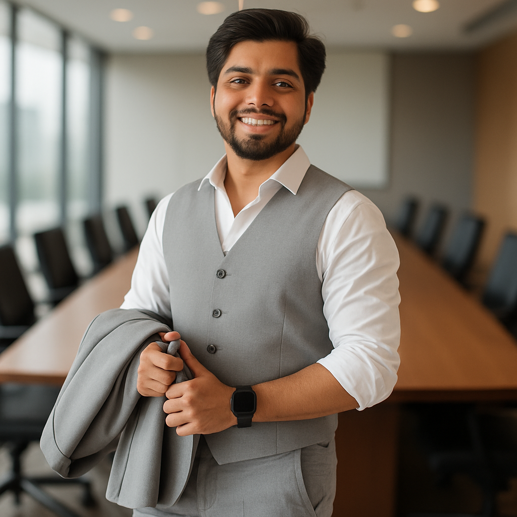 Well-dressed full-stack developer ready for a meeting in a modern office setting with a conference table and soft lighting.