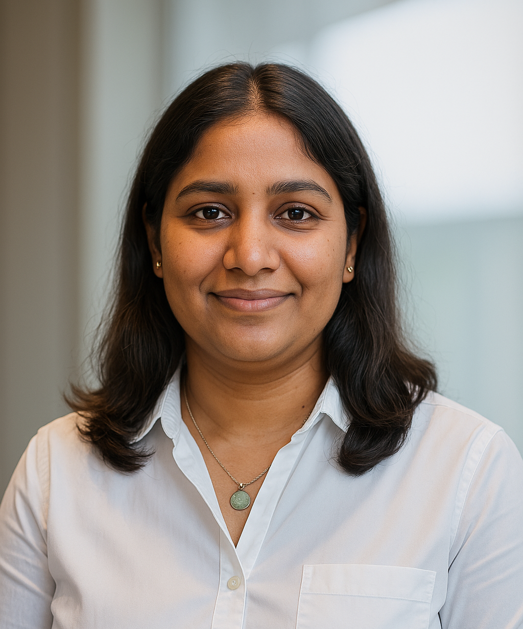Aanya Raj, frontend developer at Enterprised, smiling in a professional white shirt, in a formal setting.