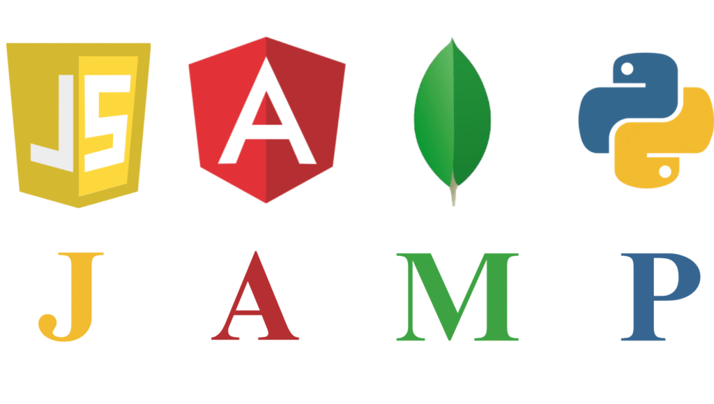Vibrant logos of JavaScript, Angular, MongoDB, and Python representing JAMP stack development for Enterprise web solutions.