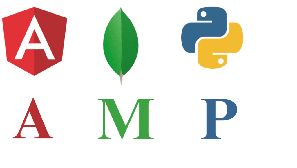 AMP stack logos: Angular, MongoDB, Python, showcasing modern web development technologies for high-performance applications.