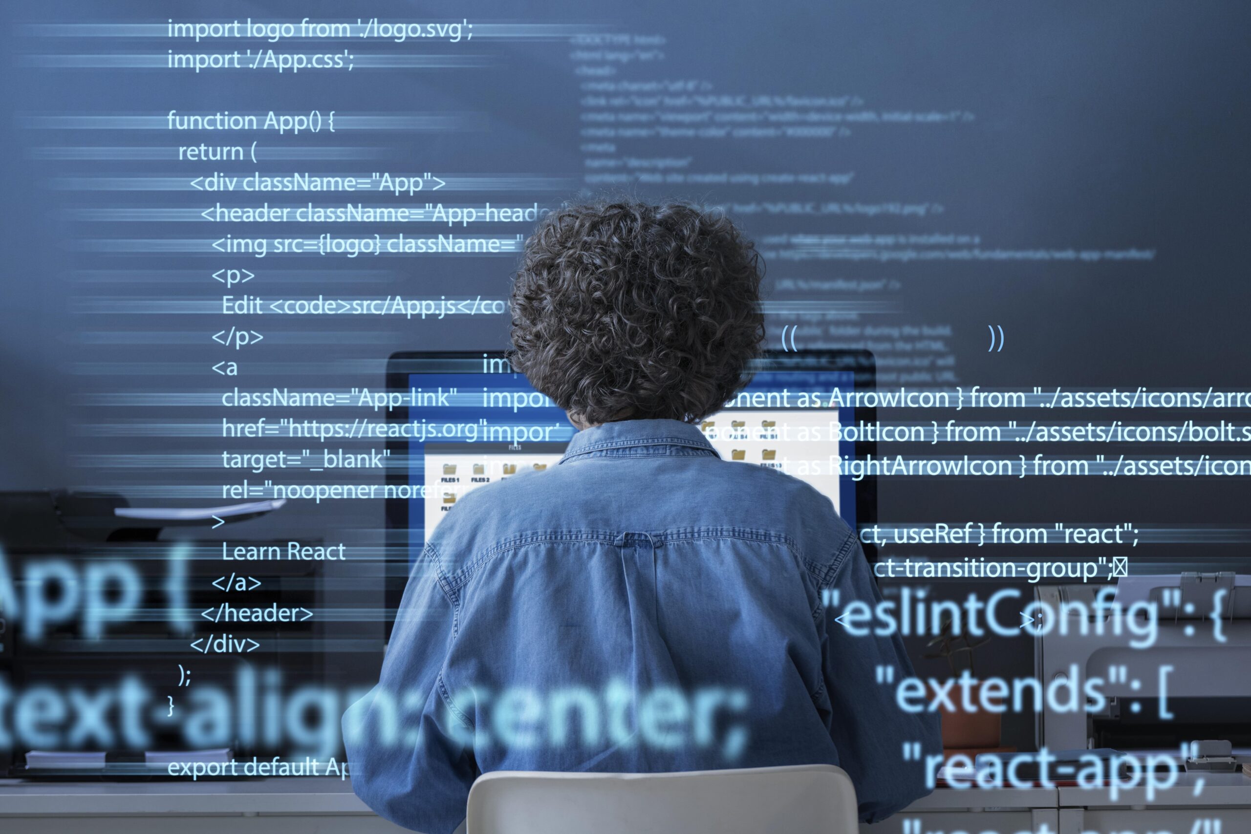 Individual coding on a computer, showcasing React functions and AI's impact on software development workforce trends.